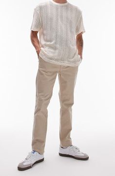 A skinny fit lends contemporary appeal to classically styled twill chinos made with a hint of easy-moving stretch. 31 1/2" inseam; 13" leg opening; 10 1/2" front rise; 14" back rise (size 32) Zip fly with button closure Side-seam pockets; back button-welt pockets 99% cotton, 1% spandex Machine wash, line dry Imported Casual Fitted Pants With Straight Hem, Fitted Pants With Straight Hem Casual Style, Casual Fitted Pants With Five Pockets, Casual Fitted Straight Jeans, Stretch Straight Leg Chinos With Five Pockets, Slim Fit Spring Pants With Standard Cut Leg, Slim Fit Pants For Business Casual, Casual Fitted Jeans With Welt Pockets, Casual Work Pants With Five Pockets