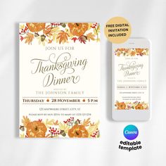 a thanksgiving dinner flyer with an iphone next to it