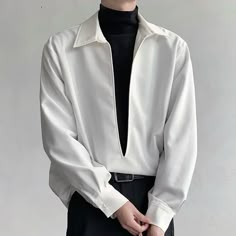 Introducing the HEYFANCYSTYLE Men's White Low V-Neckline Blouse, where modern fashion meets classic elegance in this versatile garment. Key Features: Low V-Neckline: Features a stylish low-cut V-neckline for a modern and sophisticated look. Versatile Design: Can be dressed up or down, perfect for both casual and semi-formal occasions. Tailored Fit: Designed to provide a flattering silhouette that complements your physique. Classic White Color: Timeless and versatile, easily pairs with a variety Smart Casual Male, Casual Outfits Male, Blouse Man, Casual Blouses, Men's Streetwear, Smart Casual Men, Guys Clothing Styles, Men Spring, Loose Shirt