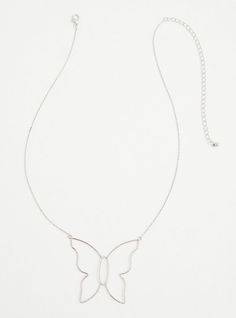 A butterfly-shaped charm shimmers on a silver chain to give this delicate necklace an eye-catching look. Lobster clasp. 19” length and 5” extender. Man-made materials. Imported. The best plus size women's silver-tone butterfly wire necklace necklaces in silver. Torrid is your destination for the freshest spring and summer styles. Trendy Silver Butterfly Necklace With Adjustable Chain, Sterling Silver Butterfly Necklace With Clavicle Chain, Trendy Adjustable Silver Butterfly Necklace, Adjustable Silver Butterfly Necklace With Clavicle Chain, Silver Butterfly Necklace With Adjustable Clavicle Chain, Silver Butterfly Necklace With Clavicle Chain, Adjustable Delicate Chain Butterfly Necklace, Adjustable Butterfly Necklace With Delicate Chain, Nickel-free Butterfly Necklace