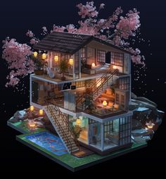 the house is lit up at night with cherry blossoms on the trees and in the water