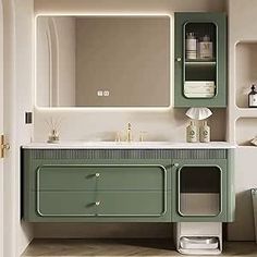 a bathroom with green cabinets and white counter tops