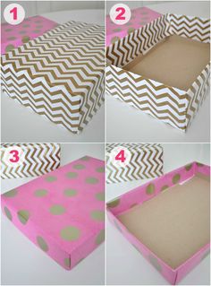 how to make a chevroned box out of cardboard and wrapping it with polka dots