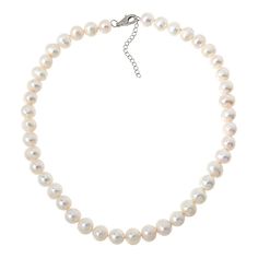 Kwan Collections 9-10mm Cultured Freshwater Pearl 18" Necklace  The timeless elegance of cultured freshwater pearls is embodied in this classic 18" strand. Hand-strung and individually hand-knotted, this pearl necklace includes a 2" extender so it's easy to customize for most any outfit or occasion!       Approx. 18"L x 7/16"W with 2" extender     Stamped .925; rhodium plating     Lobster claw clasp; chain link extender     Single strand, 9-10mm white cultured freshwater pearls   Stone Information       All sizes and weights approximate     Cultured White Freshwater Pearls - Off-round (9-10mm) Classic Pearl Necklace With Round Beads As Gift, Classic Pearl Necklace With Round Beads, Classic Pearl Necklace As A Gift, Classic Pearl Necklace Gift, Classic Single Strand Pearl Necklace With Round Beads, Classic Single Strand Round Pearl Necklace, Classic Single Strand Pearl Necklace, Classic Formal Pearl Necklace With 8mm Beads, Classic 8mm Bead Pearl Necklace For Formal Occasions