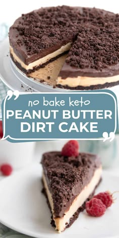 no bake keto peanut butter dirt cake on a white plate with raspberries