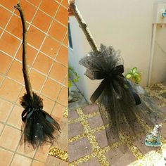 two pictures side by side one has a broom and the other has a net on it