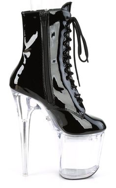 The ultimate party shoe! Pleaser's Flashdance series features ultra glam clear platforms with multiple static or colour-change light-up options! 8 inch Heel 4 inch Platform USB Chargeable LED Light-Up Multiple Static/ Changing Color Options & Light Settings Lace-up Front Multiple Static/ Changing Color Options & Light Settings HEEL/PLATFORM : 8" Heel, 4" PlatformFIT GUIDE : True to sizeVEGAN : Yes﻿SIZE ﻿: US women's sizing-refer to size chart for more info. High-top Patent Leather Party Heels, High-top Patent Leather Heels For Party, Patent Leather Party Heels, Black Heels With Translucent Outsole For Party, Party Platform High-cut Heels, Platform High Cut Party Heels, Party High-cut Platform Heels, Party High Cut Platform Heels, High-top Patent Leather Platform Boots For Party