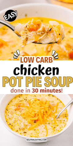 Easy Low Carb Chicken Pot Pie Soup! Creamy Stovetop Chicken Soup. Hearty Low Carb Soup Recipes, Chicken Pot Pie Soup Healthy, Bariatric Soups, Low Carb Chicken Pot Pie, Chicken Pot Pie Soup Recipe, Pot Pie Soup Recipe, Cheesy Baked Chicken, Best Chicken Pot Pie, Warm Meals