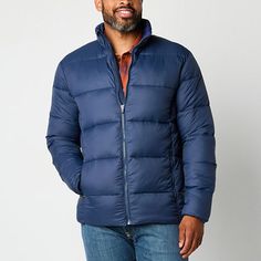 Gear up for cooler weather with this St. John's Bay men's big and tall midweight puffer jacket equipped with water-resistant properties. Crafted from a durable woven fabric, it features a mock neck, long sleeves, a full-zip front, and two side zip pockets for added convenience. Features: Water ResistantClosure Type: ZipperNeckline: Mock NeckPockets: 2 Front Zip PocketsSleeve Length: Long SleeveWarmth Factor: MidweightOuterwear Length: MidFiber Content: 100% NylonFabric Description: WovenCoat Sty Functional Blue Puffer Jacket For Outdoor, Blue Functional Puffer Jacket For Outdoor, Weatherproof Long Sleeve Sport Coat For Cold Weather, Weatherproof Sport Coat For Cold Weather, Blue Long Sleeve Puffer Jacket For Hiking, Outdoor Blue Down Puffer Jacket, Weatherproof Long Sleeve Down Outerwear, Blue Weatherproof Puffer Jacket For Winter, Blue Weatherproof Puffer Jacket For Cold Weather