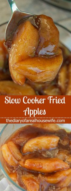 slow cooker fried apples with caramel sauce in a glass bowl and on a spoon