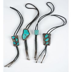 A selection of four Silver & Turquoise vintage Navajo and Zuni Bolo ties from Cowan Auctions. On braided leather cords each with silver tips. Southwestern Jewelry, Vintage Navajo, Braided Leather, Silver Turquoise, Leather Cord