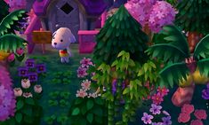 a cartoon dog standing in the middle of a lush green forest filled with pink and purple flowers