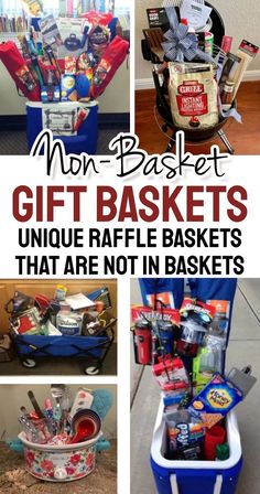 a collage of photos with the words non - basket gift baskets unique raffle baskets that are not in baskets