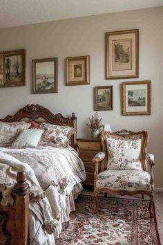 a bedroom with antique furniture and pictures on the wall