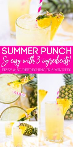 a collage of photos with pineapples and lemonade in glasses, including the text summer punch so easy with 3 ingredients