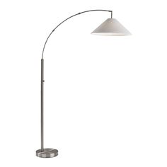 a floor lamp with a white shade on it's head and a metal base