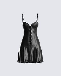 Have your presence praised in this black vegan leather dress 🖤 This piece features a lace-up front detail, a flattering flare skirt, and a ruffle edge hem for a subtle, but sweet dose of drama 😏 Black Leather Dress, Leather Mini Dress Prom, Finesse Black Dress, Boho Dress Outfit, Fitted Leather Edgy Dress, Luxury Leather Sleeveless Dress, Edgy Fitted Leather Dress, Leather Dress Outfit, Black Leather Outfit