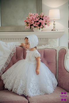 "Beautiful white christening bonnet for the girl. Perfectly complement any outfit for baptism. For sewing bonnet using high quality materials. The lining of dress is 100%-cotton. You may also order dresses,christening shoes, baptism blanket. If you have any doubts, please contact us so we can help you find the best size. The measurements listed below are the actual measurements of the head baby: 0-3 months: 14-16\" 3-6 months: 16-18\" 9-12 months: 18-20\" Do not hesitate to contact us if you hav Outfit For Christening, White Christening Dress, Dress For Toddler Girl, White Baptism Dress, Baby Blessing Dress, Newborn Girl Dresses, Baby Baptism Dress, Tulle Wedding Skirt, Baptism Dress Baby Girl