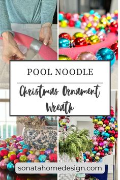 DIY pool noodle Christmas ornament wreath Pool Noodle Christmas Ornament Wreath, Wreaths Made From Pool Noodles, Ornament Wreath Pool Noodle, Painting Pool Noodles, Diy Pool Noodle Christmas Decorations, Ornament Wreaths Diy, Christmas Pool Noodle Ideas, Pool Noodle Wreath Diy, Pool Noodle Christmas Decorations