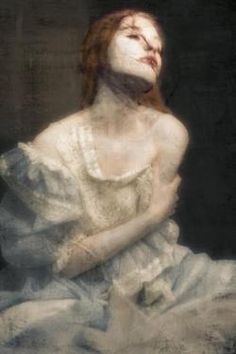 a painting of a woman in white dress sitting on the ground with her eyes closed