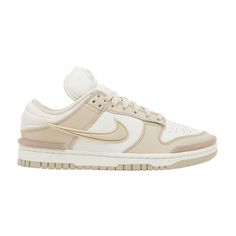 Find NIKE Wmns Dunk Low Twist 'sanddrift on Editorialist. The Nike Women’s Dunk Low Twist ‘Sanddrift’ pairs an understated palate with a revamped build. The leather upper features an off-white base with light tan overlays and a color-matched TPU Swoosh. Translucent bumpers reinforce the toe and heel, while stitched detailing enlivens the padded collar. A raised Nike logo decorates the elongated tongue. The rubber cupsole is unchanged from the original, featuring off-white sidewalls and a grippy sand-colored outsole. Nike Cream High-top Sporty Sneakers, Nike Cream High-top Sneakers Sporty Style, Casual Cream High-top Basketball Shoes, Casual Cream Basketball Shoes For Streetwear, Beige Casual Skate Shoes For Streetwear, Casual Beige Skate Shoes For Streetwear, Nike Cream High-top Sneakers With Cushioned Footbed, Casual Beige Custom Sneakers With Speckled Midsole, Cream Basketball Shoes With Cushioned Footbed For Streetwear