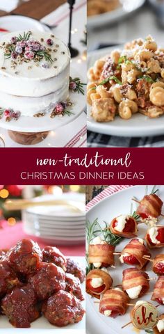 christmas dinner menus with different types of appetizers and desserts on plates