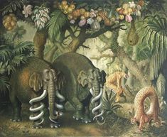 an image of elephants in the jungle with many other animals around them and plants on the ground