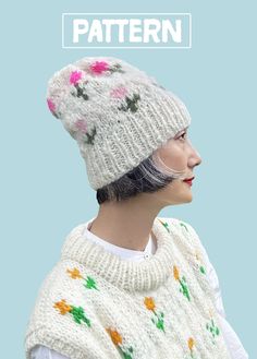 a woman wearing a white knitted hat with flowers on it and the words pattern above her head