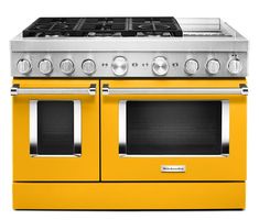 a yellow stove with two burners and one oven