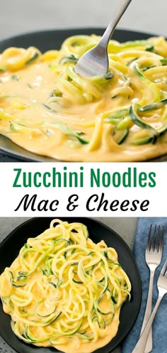 zucchini noodles with cheese and spinach in a skillet on a table