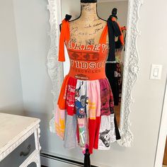 New York Couture One Of A Kind Reworked Vintage Orange Harley Davidson Logo T-Shirts Patchwork Dress Size S Reconstructed From Vintage T-Shirts! One Of A Kind!!! Can Be Worn 4 Different Ways! So Really Like Have Four Dresses!! See Photos!! Upcycled Super Cute Dress! <3 Ig: @Newyorkcouture Fitted Orange Patchwork Dress, Orange Cotton Patchwork Dress, Reworked Dress, Orange Harley Davidson, Reworked Clothes, Leather Midi Dress, Striped Tank Dress, Linen Tunic Dress, Harley Davidson Logo