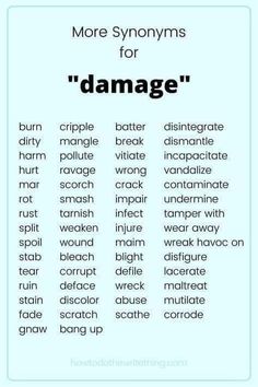 a poster with words that say more syonomyms for'damage'in different languages