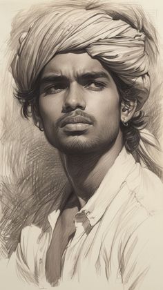 a pencil drawing of a man wearing a turban