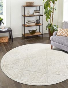 a living room with a gray couch and white rug