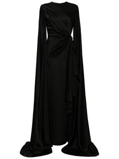 Long Sleeve Long Dress Black, Black Long Sleeve Satin Dress, Elegant Dresses With Long Sleeves, Black Draped Silk Evening Dress, Cocktail Evening Dress With Draped Sleeves, Maxi Length, Cocktail Evening Dress With Draped Sleeves In Maxi Length, Evening Pre-draped Maxi Dress With Side Slits, Evening Gown With Draped Sleeves, Satin Gown With Draped Sleeves