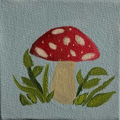 a painting of a mushroom with green leaves