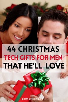 a man and woman holding a present box with the words, 4 christmas tech gifts for men that hell love