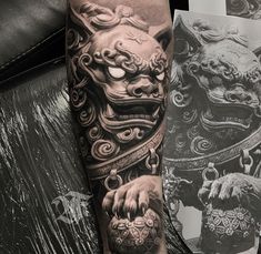 a black and white photo of a tattoo on someone's arm with an animal in the background