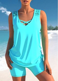 Color:Cyan;Size:M;Size:L;Size:XL;Size:XXL;Occasion:Beach;Strap Style:Unadjustable;Season:Summer;Decoration:Lace Patchwork;Style:Vacation;Color Scheme:Green;Pattern Type:Solid;Washing Instructions:Hand Wash;Composition:100%Polyester;Bottom Type:Shorts;Bra Style:Padded;Package Contents:1 X Top , 1 X Shorts;Pad Style:Removable;Support:Wire Free; Swimsuit Tankini With Shorts, Bathing Suits For Women Over 50, Tankini With Shorts, Pin Fashion, High Waisted Tankini, Short Bra, Plus Size Tankini, Swimsuit With Shorts, Printed Tankini