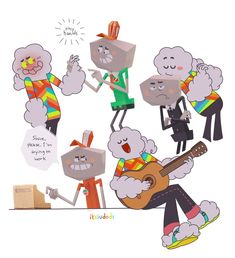 some cartoon characters are playing guitar and singing with their heads in the shape of cubes