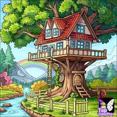 a tree house with a rainbow in the background