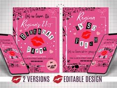 two valentine's day party flyers with red lipstick on the front and pink background