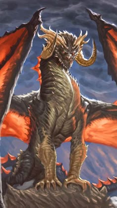 a painting of a dragon with orange wings