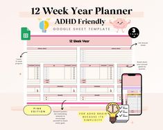 12 Week Year Planner Google Sheets Template, 90 Day Planner Google Sheets, 12 Week Goal Planner Tracker, 3 month Quarterly Goal Annual