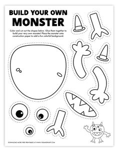 the printable monster cut out is shown in black and white, with an image of a