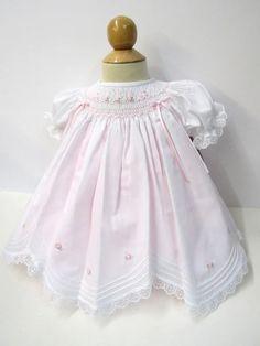 White Rosebud Dress and Pink Slip Dress – Preemie Store Smocked Bishop Dress, Pink Slip Dress, Heirloom Dresses, Voile Dress, Pink And White Dress, Darling Dress, Rose Lace, Rose Embroidery, Overlay Dress