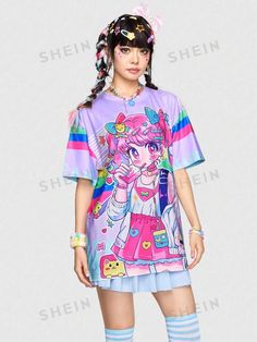 Cute Multicolor T-shirt For Spring, Oversized Printed Multicolor T-shirt, Harajuku Style Multicolor Summer Tops, Summer Multicolor Harajuku Tops, Multicolor Cartoon Print T-shirt For Spring, Oversized Kawaii Tops For Streetwear, Summer Multicolor Character Print T-shirt, Oversized Cotton Kawaii Tops, Oversized Kawaii Cotton Top