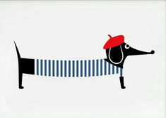 a dachshund dog with a red hat and striped scarf on it's back