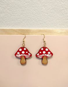 Red Mushroom Design Earrings Gift, Red Mushroom Design Jewelry Gift, Whimsical Red Hand Painted Jewelry, White Mushroom Design Earrings For Gift, Unique Mushroom Design Earrings For Gift, White Mushroom Design Earrings As Gift, Unique Mushroom Design Earrings As Gift, White Earrings With Mushroom Design As Gift, Wooden Earrings Laser Cut