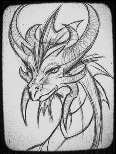 a black and white drawing of a dragon's head with large, sharp horns